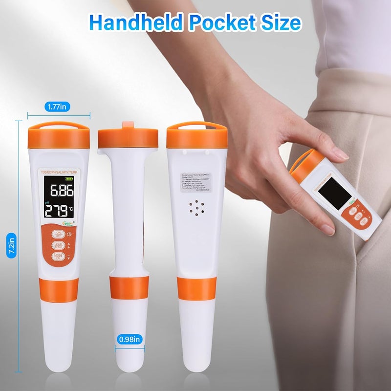 Hygger Pool Salt Tester & PH Meter, 5-in-1 Digital Pool Water Tester, High Accuracy Salinity PH Temp EC and TDS Saltwater Pool Test Kit for Aquarium Swimming Pool Hot Tub and Swim Spas - Image 5